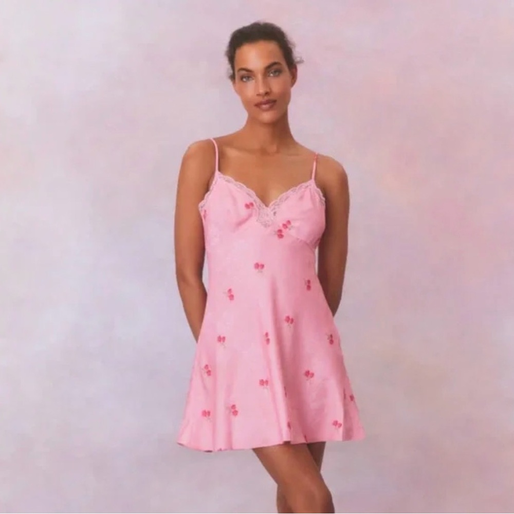 LoveShackFancy Larinda Pink Floral Lace Slip Dress